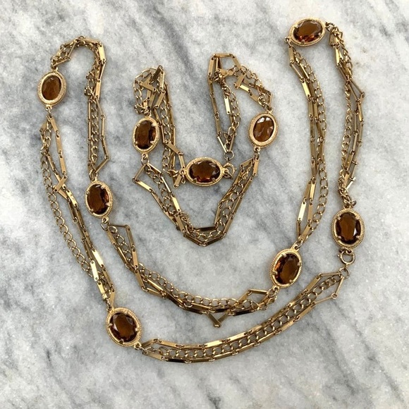 70s 2pc Necklace Set Topaz Colored Faceted Glass - Picture 2 of 6